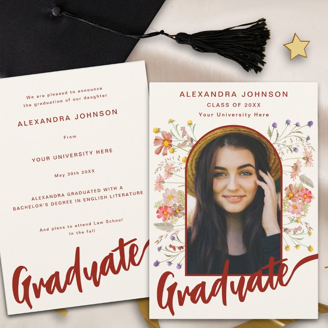 Faire-part Boho Floral Graduate Photo Arch Script moderne (Boho floral burnt orange script graduate photo arch Graduation announcement card)