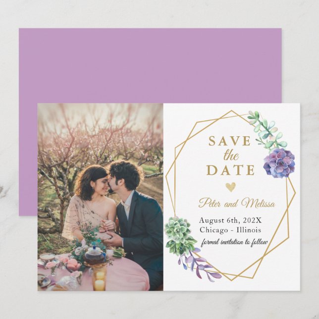 Faire-part Boho Succulents enregistrer la date photo Lavender (Devant / Derrière)