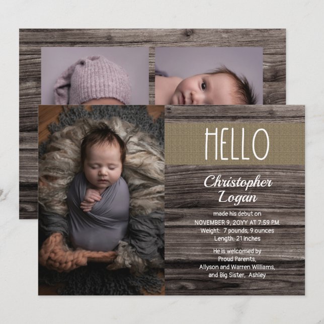 Faire-part Bois boisé rustique | Burlap Baby Boy Photo Birth  (Devant / Derrière)