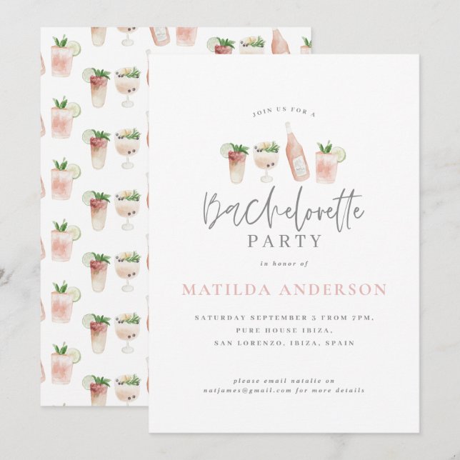 Faire-part boisson d'aquarelle bachelorette fête girly rose (Devant / Derrière)