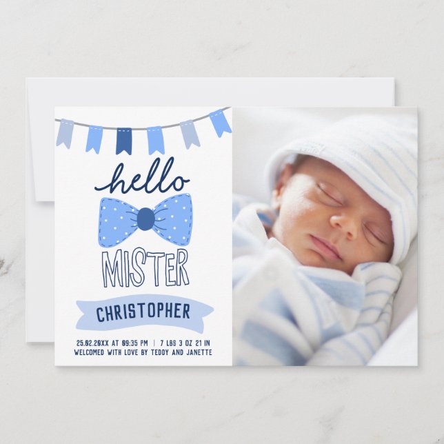 Faire-part Bonjour Mister Blue Bow Cravate Photo Boy Birth (Devant)