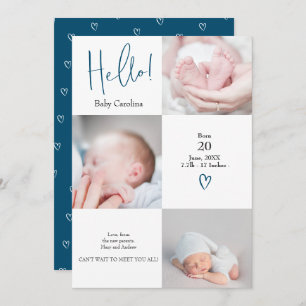 Faire-part Bonjour moderne bleu blanc 3 photos naissance bébé