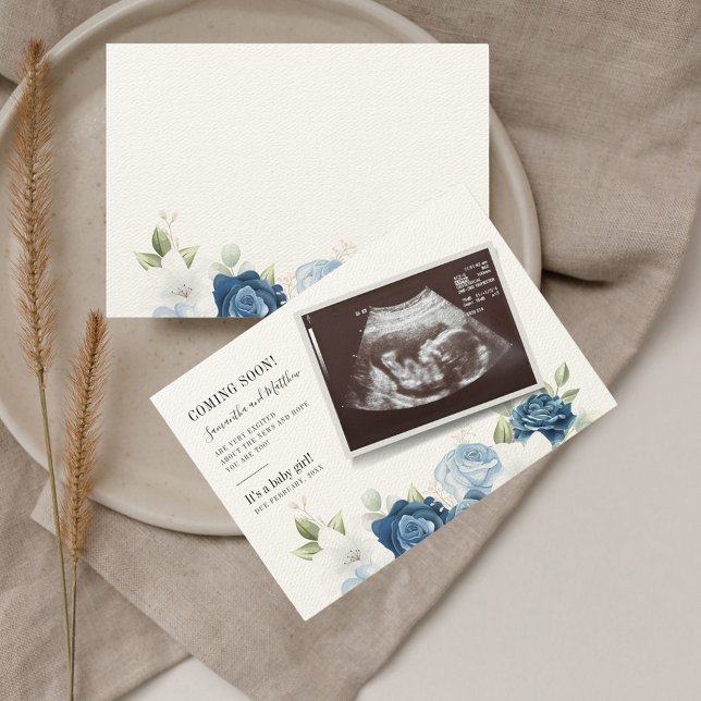 Faire-part Botanique Floral Bébé révélateur Grossesse (Dusty Blue Floral Sonogram Baby Scan Pregnancy Announcement)