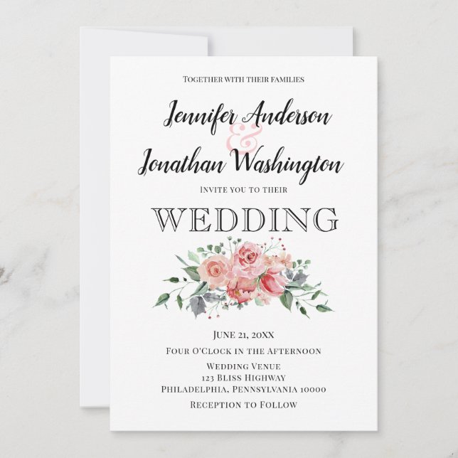 Faire-part Bouquet de rose rose minimaliste (Devant)