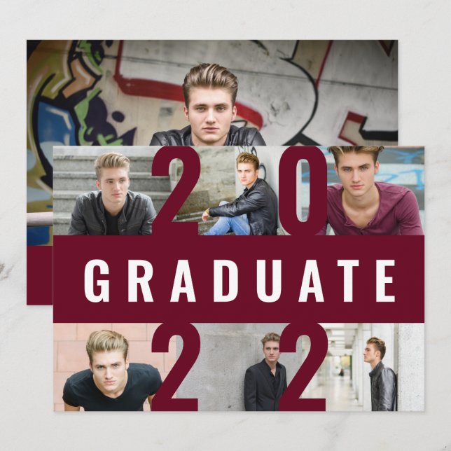 Faire-part Bourgogne graduation moderne photo collage audacie (Devant / Derrière)