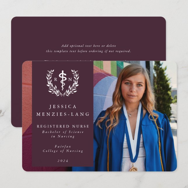 Faire-part Bourgogne Infirmière inscrite Asclepius Grad Photo (Devant / Derrière)