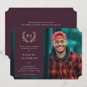 Faire-part Bourgogne Monogram Laurel Wreath Graduation Photo