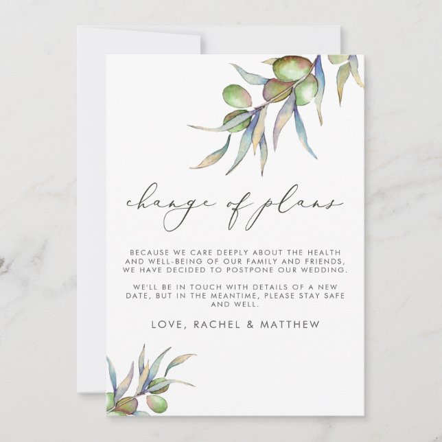 Faire-part Branches d'olive à l'aquarelle Changement de plans (Devant)