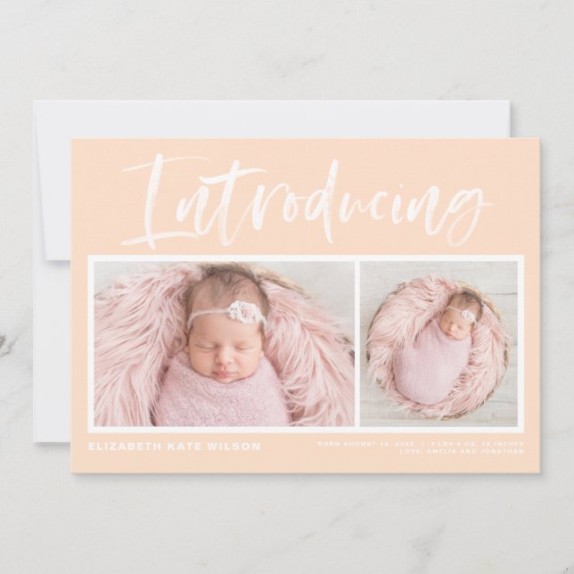 Faire-part Brosse Calligraphie Peach Photo Collage Naissance (Devant)