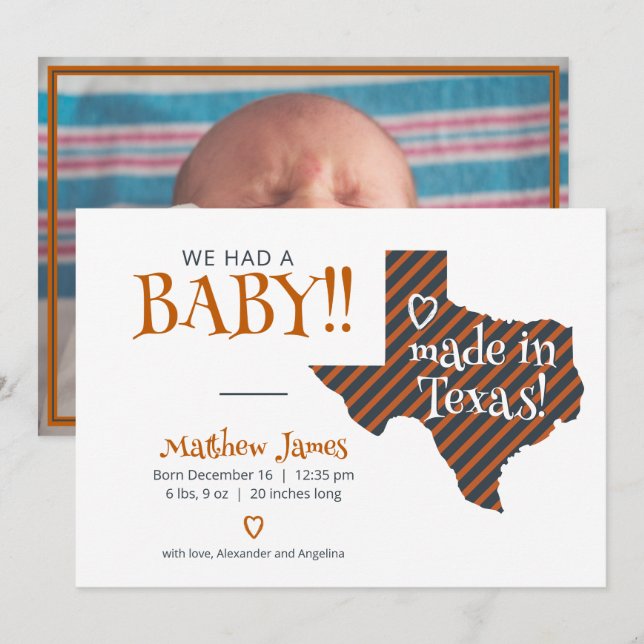 Faire-part Brûlé orange rayé fait au Texas Photo Baby (Devant / Derrière)