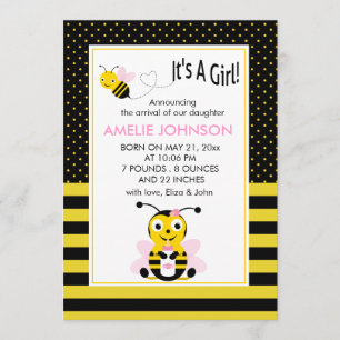 Faire-part Bumble Bee Baby Girl Birth Annouement Card