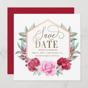 Faire-part Burgundy Blush Gold Floral Enregistrer la date
