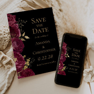 Faire-part Burgundy Gold Black Floral Enregistrer la date