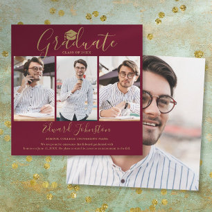 Faire-part Burgundy Gold Script Diplômé 4 Photo Graduation A
