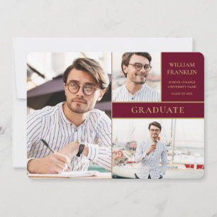 Faire-part Burgundy Graduate Or 3 Photo Collage Diplômé
