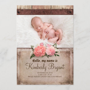 Faire-part Burlap rustique et Wood Baby Girl Photo Birth
