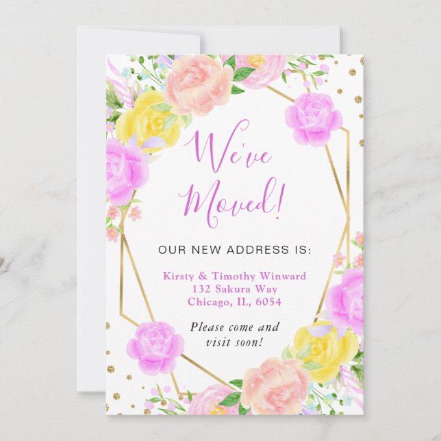 Faire-part Cadre de fleurs d'été rose et jaune Nous avons dém (Devant)