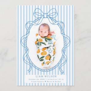 Faire-part Cadre de naissance de bébé photo rayures bleu mode