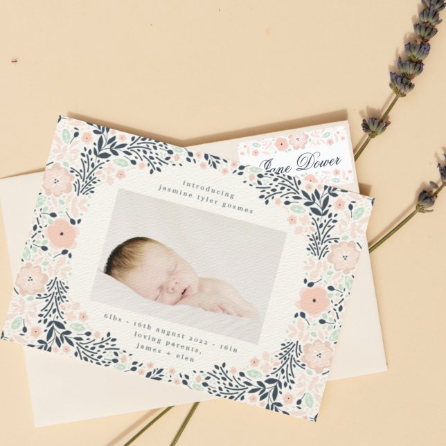 Faire-part cadre pastel fleuri couronne Photo naissance bébé (Créateur téléchargé)