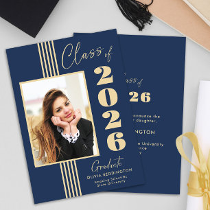 Faire-part Cadre Photo Élégant Navy Or 2026 Diplôme