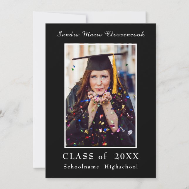 Faire-part Cadres noirs minimalistes blanc Script Graduation  (Devant)