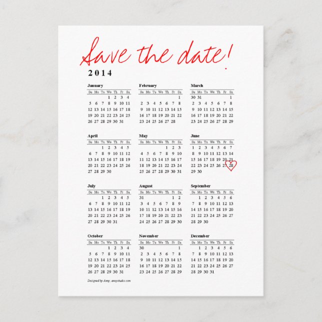 Faire-part Calendrier 2014 Enregistrer la date Carte postale (Devant)