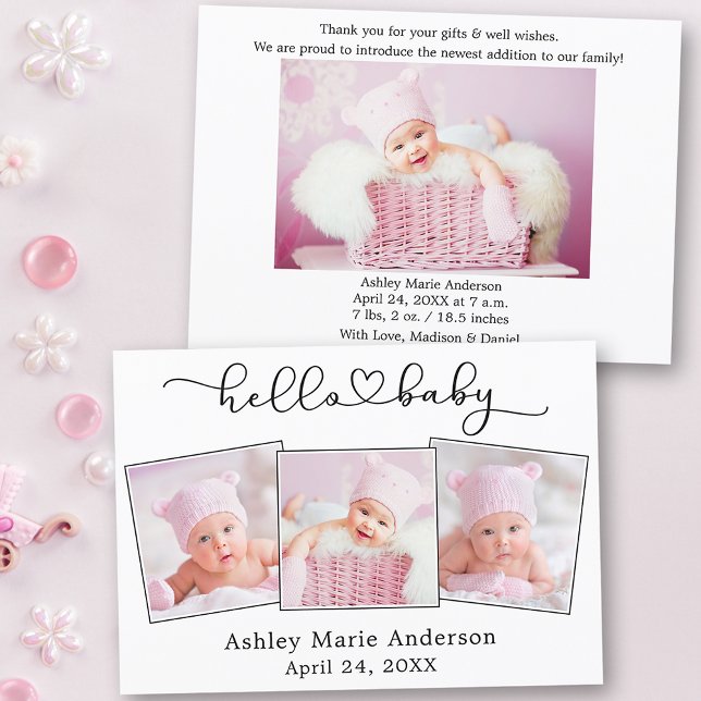 Faire-part Calligraphie Script Coeur 4 Photos Bonjour bébé (Customize to change your personalized text size or text style.)