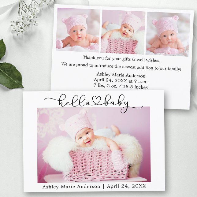 Faire-part Calligraphie Script Coeur Hello Baby 4 Photo (Customize to change your personalized text size or text style.)