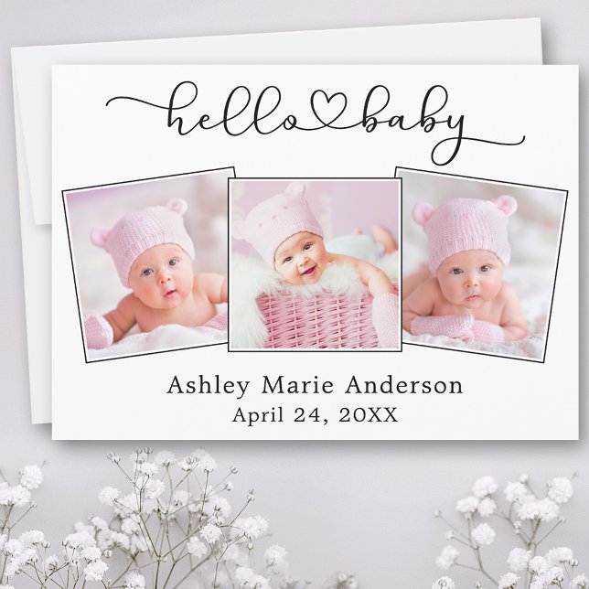 Faire-part Calligraphie Script Heart 3 Photo Hello Baby (Customize to change your personalized text size or text style.)