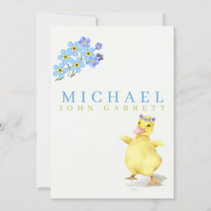 Faire-part Canard mignon bleu floral pastel photo bébé garçon
