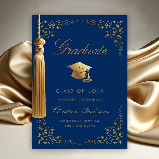 Faire-part Capuchon de remise des diplômes or élégant sur fon (Gold Leaf on Royal Blue Graduation Announcement)