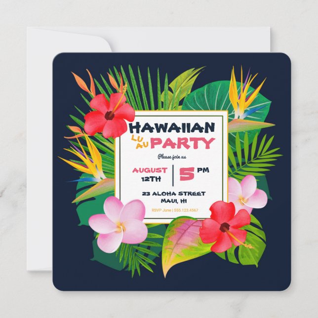 Faire-part Carré Hawaiian Luau Party Dark Blue Floral Invitat (Devant)