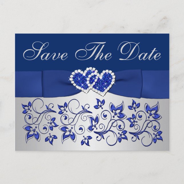 Faire-part Carte postale 'Blue, Silver Gray Floral Save the D (Devant)