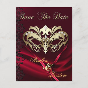 Faire-part Carte postale d'annonce de mariage Mascarade dorée
