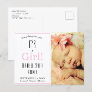 Faire-part Carte postale d'annonce de naissance de fille phot
