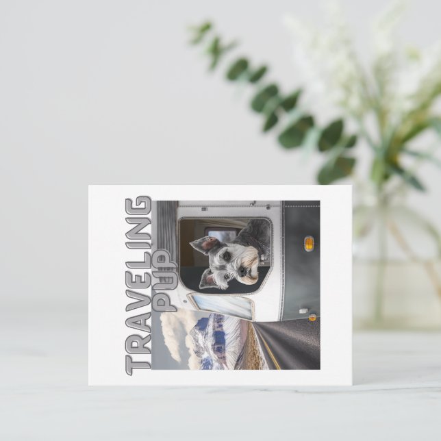 Faire-part Carte postale de chiot voyageur (Debout devant)