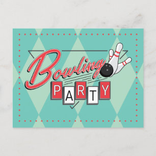 Faire-part Carte postale de fête de bowling avec logo rétro
