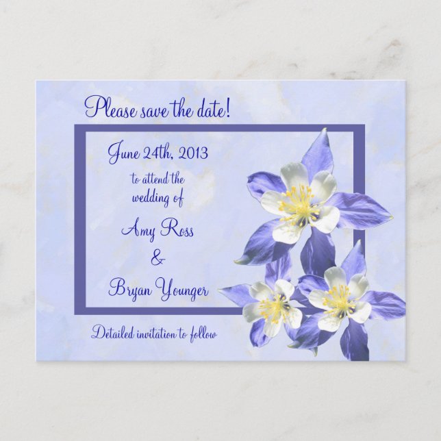 Faire-part Carte postale de mariage à l'avance Blue Columbine (Devant)