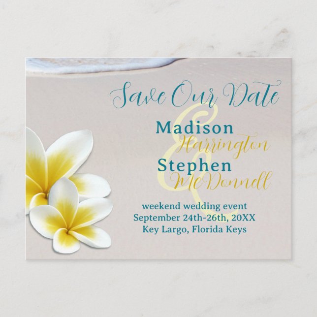 Faire-part Carte postale de mariage tropical sur sable de pla (Devant)