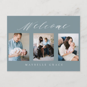 Faire-part carte postale de naissance bleu multi-photo