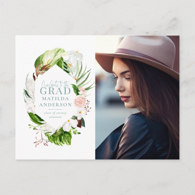 Faire-part Carte postale de remise de diplômes avec feuillage (Devant)