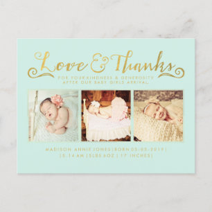 Faire-part Carte postale "Gold Mint Baby Thank You Sip & See"