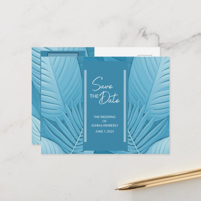 Faire-part Carte postale Mariage Turquoise Tropical (Devant/Arrière en situation)