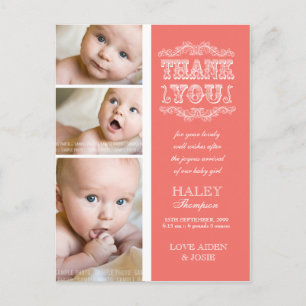 Faire-part CARTE POSTALE MERCI Bébé 3 Photos Saumon VINTAGE
