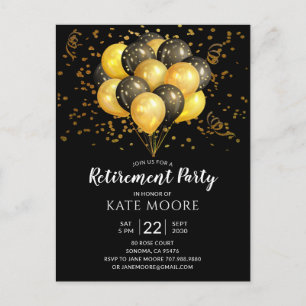 Faire-part Carte postale moderne de fête de retraite or et no