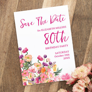 Faire-part carte postale moderne florale pour les 80 ans Save