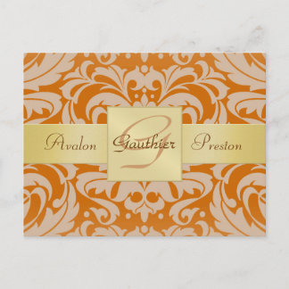 Faire-part Carte postale Orange Damask Gold Monogram Save The