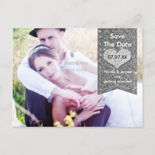 Faire-part Carte postale PHOTO cœur en GLITTER argenté pour a