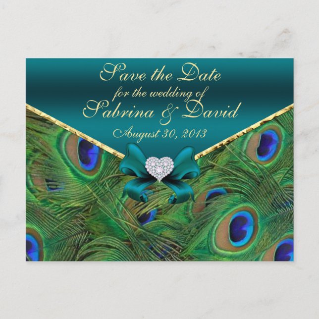 Faire-part Carte postale Teal Peacock Save the Date (Devant)