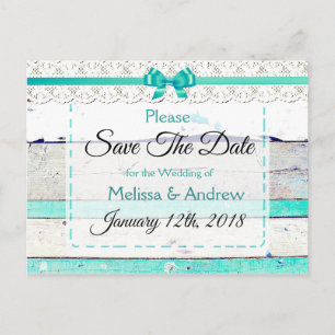Faire-part Carte postale Turquoise Bleu Gris Bois Save the Da